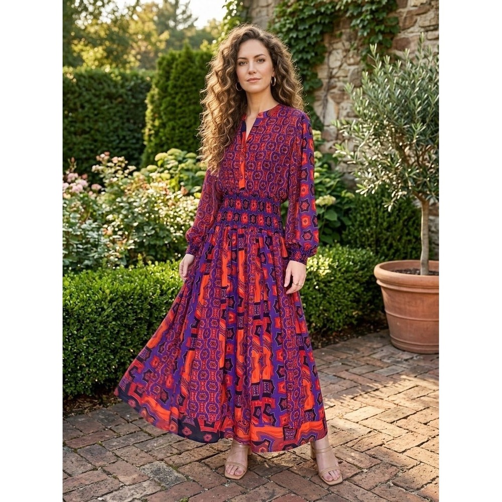 Mosaic 80 Vintage Geometric Print Maxi Dress Purple Orange Smocked Waist S/M